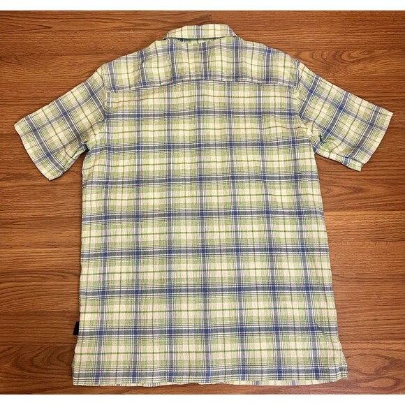 PATAGONIA A/C Green Blue White Plaid Seersucker Button Shirt Outdoor Men's Large - Picture 2 of 5